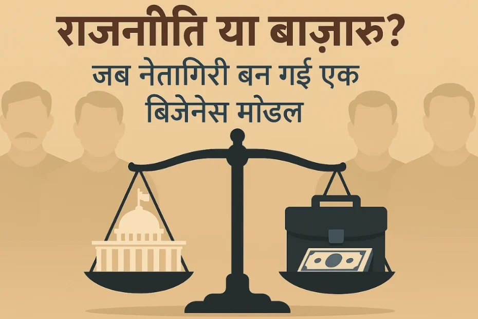 एक तराजू जिसमें एक पलड़े में संसद भवन और दूसरे में पैसों से भरा ब्रीफकेस है, पीछे उदास जनता के चेहरे